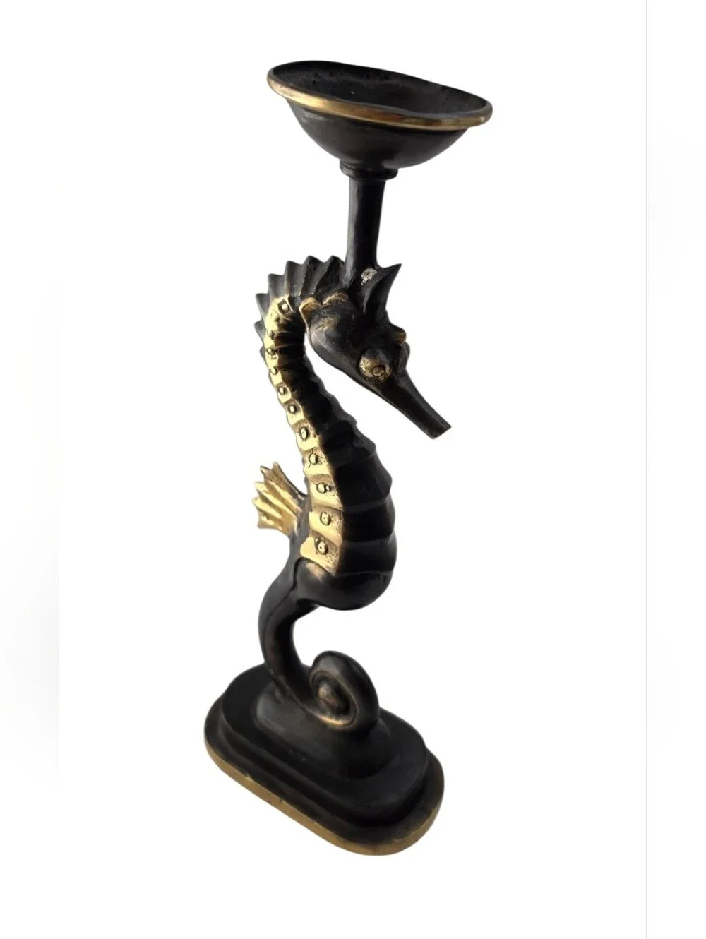 Vintage Cast Brass Seahorse Tealight & Trinket Dish Coastal Vanity Set
